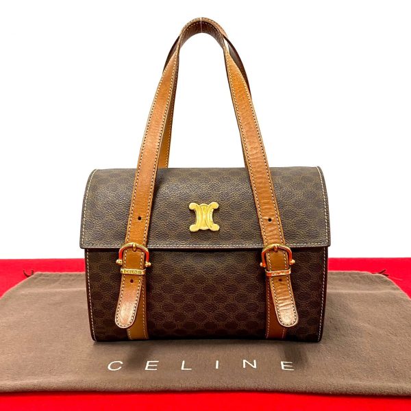 2406jpa399 5 1 Celine Macadam Blason Triomphe Leather Mini Boston Handbag Brown