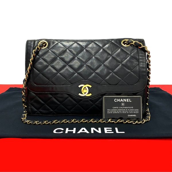 2406jpa429 7 1 Chanel Matelasse Paris W Flap Coco Lambskin Chain Bag Black