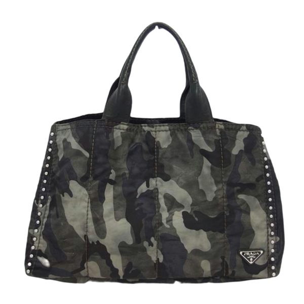 24678 1 Prada Side Studs Camouflage Pattern Nylon Leather Tote Bag Black