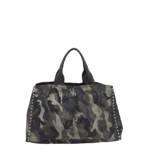 24678 2 Prada Side Studs Camouflage Pattern Nylon Leather Tote Bag Black