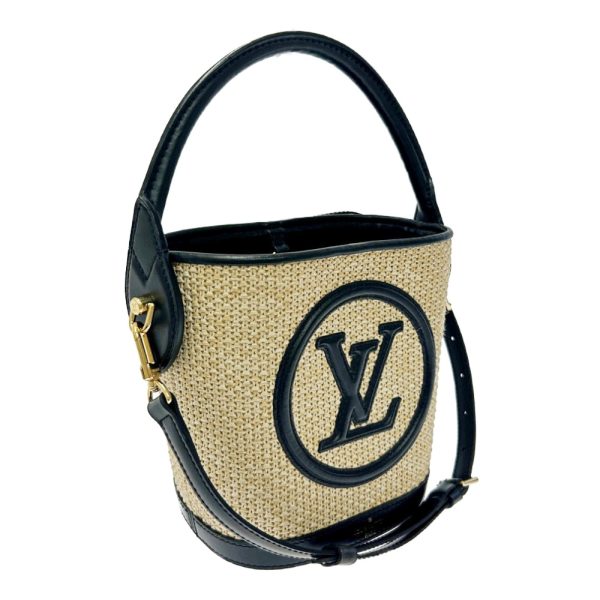 261484 3 LOUIS VUITTON Leather Raffia Petit Bucket 2WAY Basket Bag Black