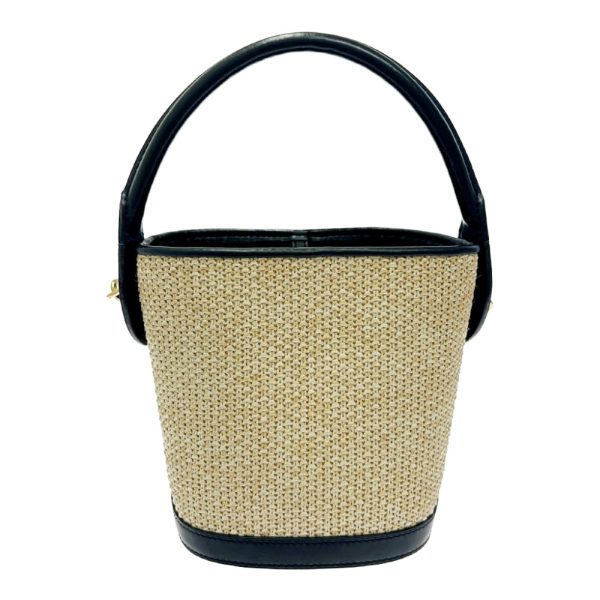 261484 4 LOUIS VUITTON Leather Raffia Petit Bucket 2WAY Basket Bag Black