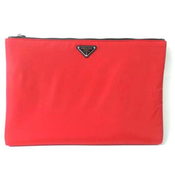 28341 1 Prada Triangle Logo Plate Nylon Saffiano Clutch Bag Red Black