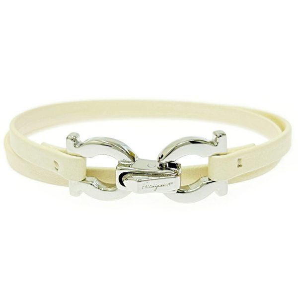 288199 2 Salvatore Ferragamo Metal Leather Gancini Bracelet Choker White