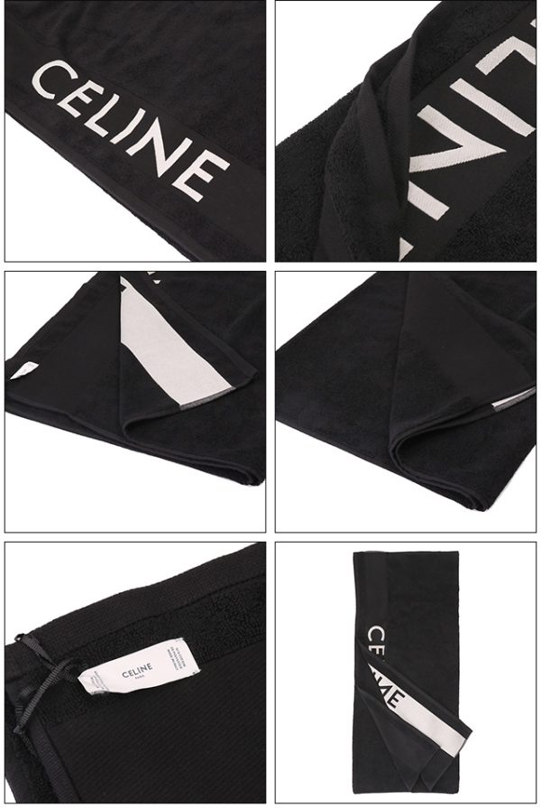 2ar07 158w 32ow 2 CELINE Beach Towel Cotton Pile Logo Print Large Towel Black White