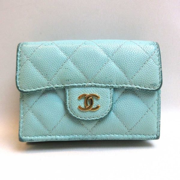 3 cha220814 2ta Chanel Mini Wallet Trifold W Hook Matelasse Blue