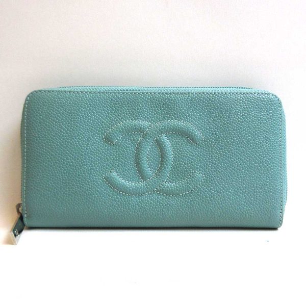 3 cha221103 3u Chanel Long Wallet Caviar Skin AB Rank Green