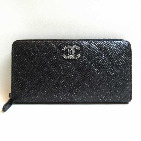 3 cha221117 1ta Chanel Long Wallet Round Zipper Black Leather