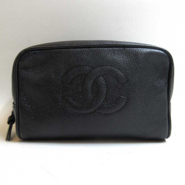 3 cha230629 2u Chanel Caviar Skin Cosmetic Pouch Black Leather