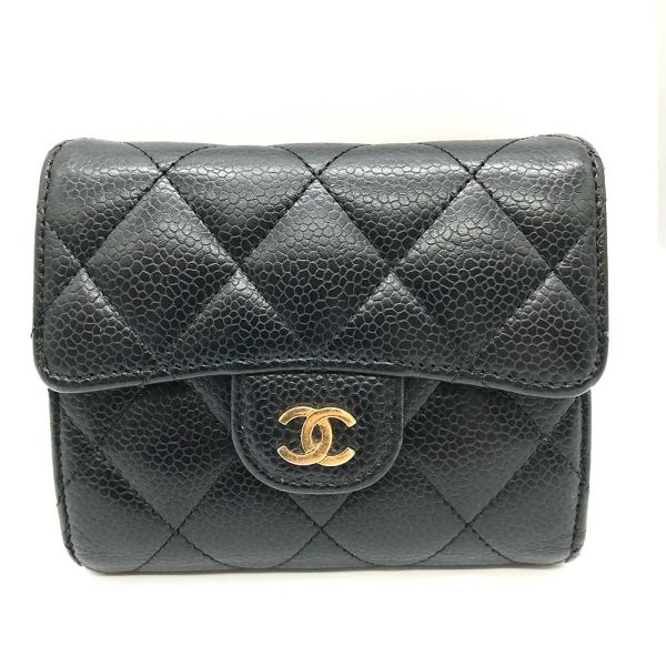 3 cha240411 2r Chanel Matelasse Wallet Trifold Caviar Skin Black