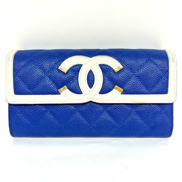 3 cha240627 1 Chanel Long Wallet CC Filigree Caviar Skin Blue