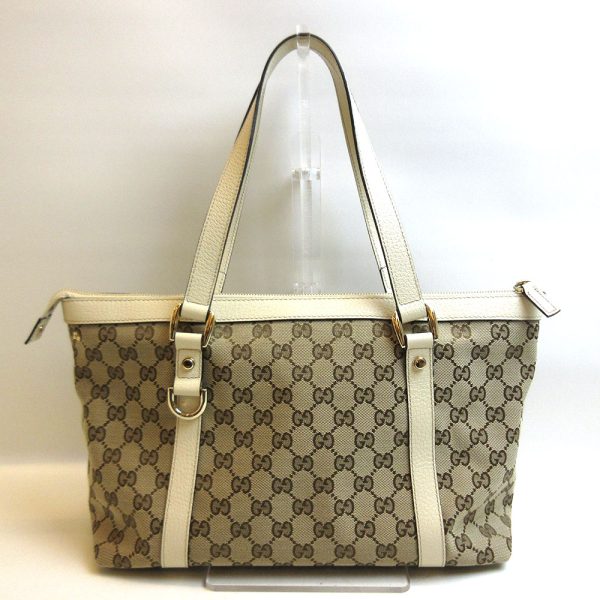 3 gu220116 1ta 01 Gucci Abbey Tote Bag GG Canvas Leather Beige White