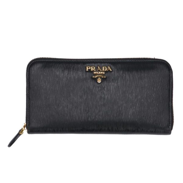 30561 1 Prada Saffiano Round Zipper Wallet Black