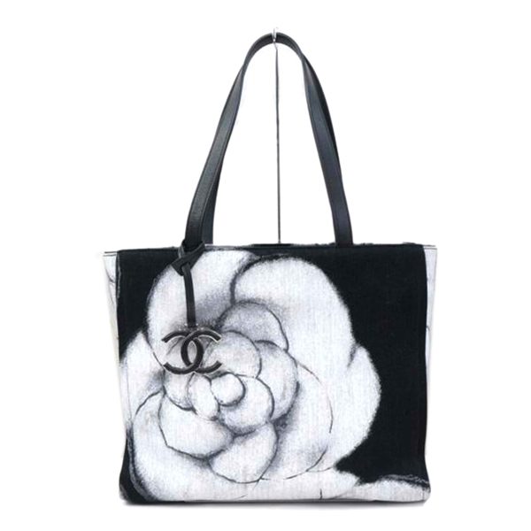 35884 1 Chanel Camellia Canvas Leather Tote Bag Black