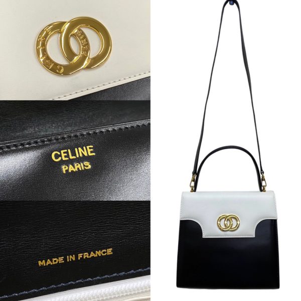 364a2014895 4 Celine Circle Logo Metal Calf Leather 2way Shoulder Bag Black White