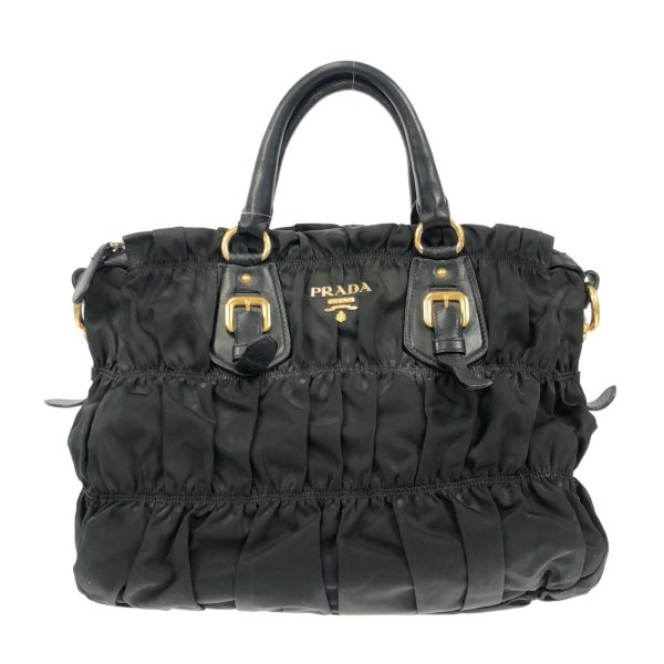 36902683 1 Prada Gathered Handbag Nylon Leather Black