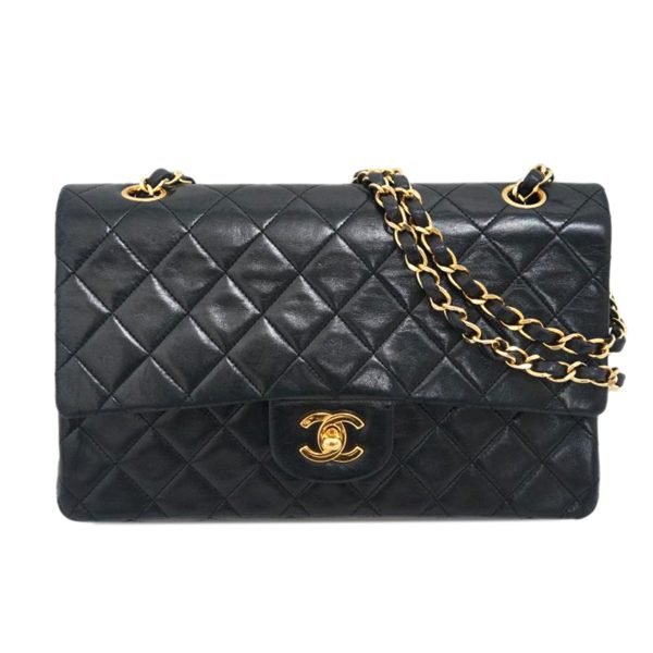 37095 1 CHANEL Vintage Matelasse W Flap Chain Shoulder Bag Black