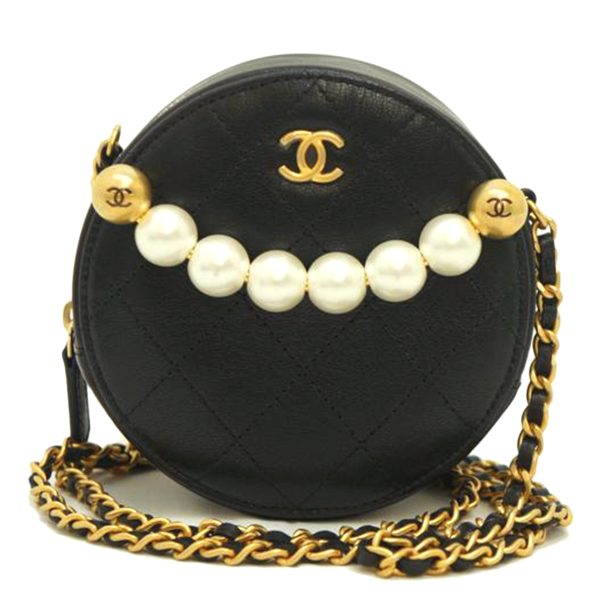 37163 1 CHANEL Fake Pearl Round Chain Shoulder Bag Black