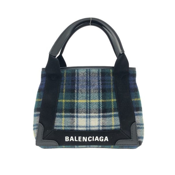 37365854 1 Balenciaga Navy Hippo Plaid Pattern Wool Leather Tote Bag Green