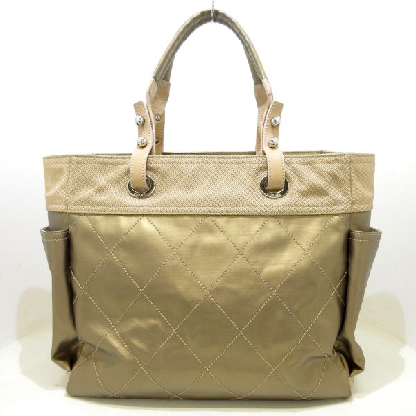 37868851 3 Chanel Paris Biarritz Gm Coated Canvas Nylon Leather Tote Bag Gold Beige