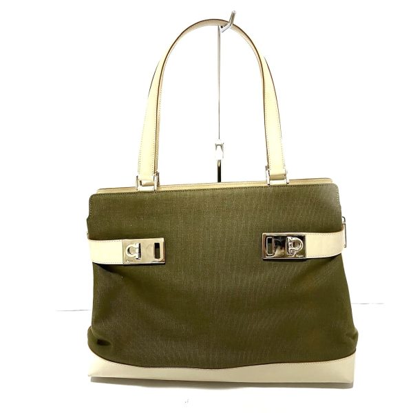 37876404 1 Salvatore Ferragamo Gancini Canvas Leather Handbag Khaki