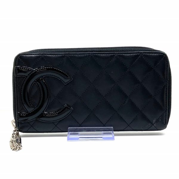 37892193 1 Chanel Cambon Line Long Wallet Round Zipper Silver Hardware Lambskin Black Enamel