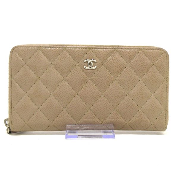 37897798 1 Chanel Matelasse Long Wallet Round Zipper Caviar Skin Gray Beige