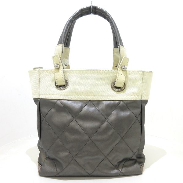 37916932 3 Chanel Paris Biarritz Tote Pm Handbag Coated Canvas Nylon Leather Dark Gray Ivory