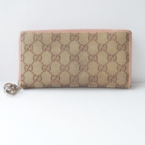 37924395 1 Gucci GG Twins Jacquard Leather Long Wallet Round Zipper Beige Dark Brown Pink Beige