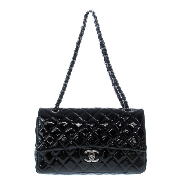 37950374 1 Chanel Double Flap Matelasse Shoulder Bag Enamel Leather Black