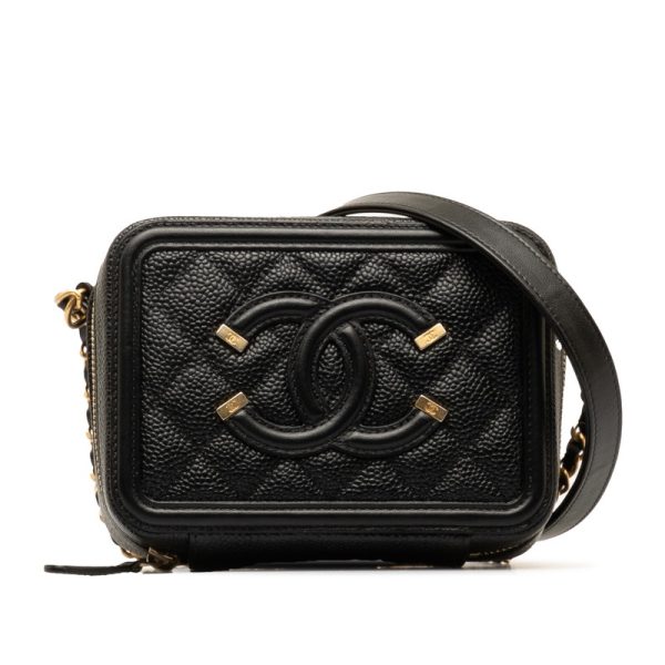 3kvheotvjrmeth5h 1 CHANEL CC Filigree Chain Shoulder Bag Vanity Bag Black Gold Caviar Skin