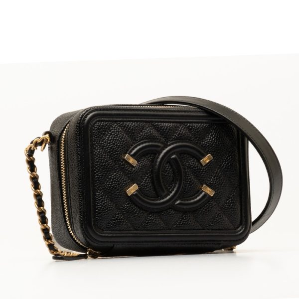 3kvheotvjrmeth5h 2 CHANEL CC Filigree Chain Shoulder Bag Vanity Bag Black Gold Caviar Skin