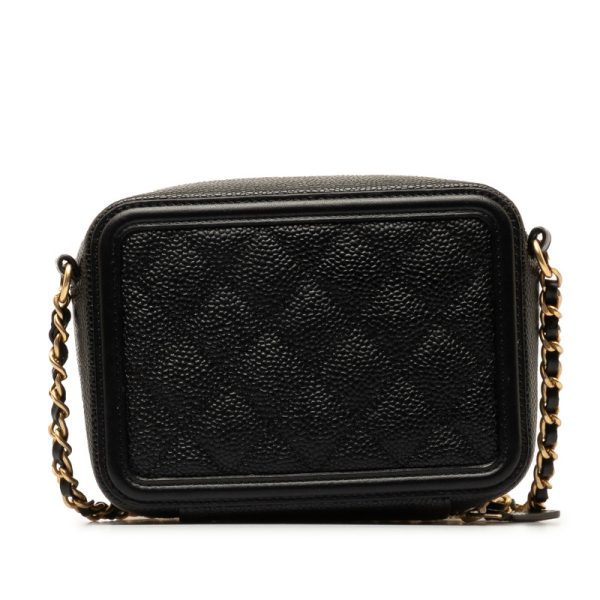 3kvheotvjrmeth5h 3 CHANEL CC Filigree Chain Shoulder Bag Vanity Bag Black Gold Caviar Skin