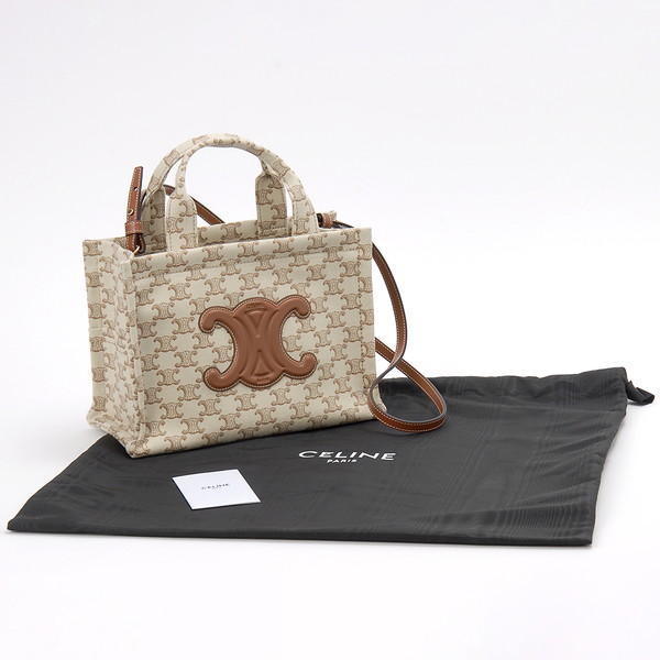 Celine Small Cabas Thais Trim Logo Canvas Tote Bag White