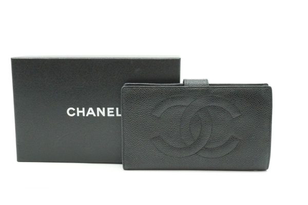 40246 8557k 2 CHANEL Bifold Long Wallet Coco Mark Clasp Caviar Skin Black