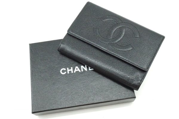 40251 8558k 2 CHANEL tri fold wallet sticker caviar skin black