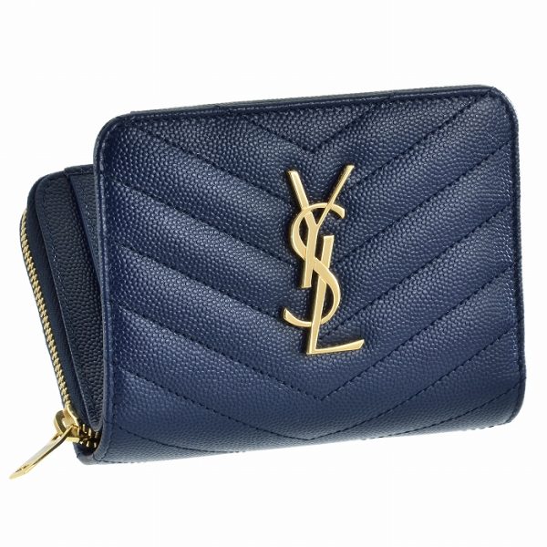 403723bow014117 Saint Laurent Paris Wallet Bifold Mini Quilted Leather Monogram Denim Blue Navy