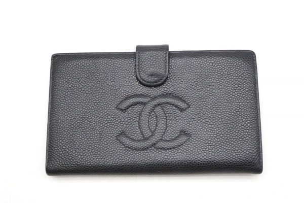 40524 8751k 1 CHANEL Bifold Long Wallet Coco Mark CC Clasp Caviar Skin Black