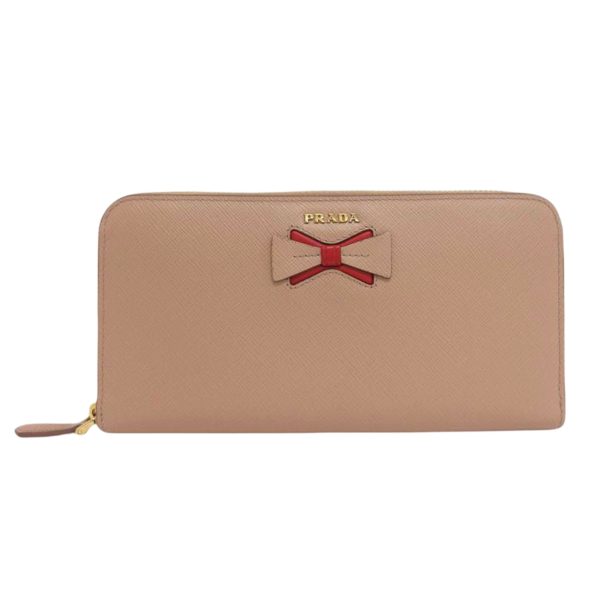 43243 1 Prada Saffiano Round Zipper Long Wallet Pink Beige