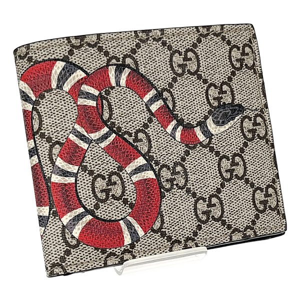 435661 01 Gucci GG Supreme Snake Bifold Wallet Leather Beige