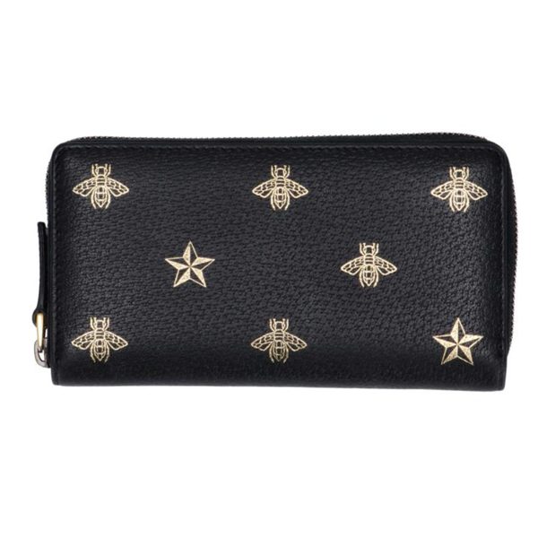 43721 1 Gucci Bee Star Print Leather Round Wallet Black