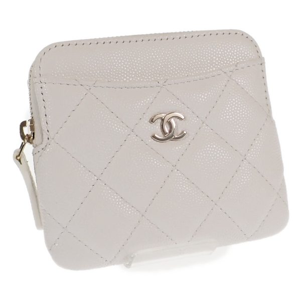 440603 01 Chanel Zip Coin Purse Card Case Wallet White