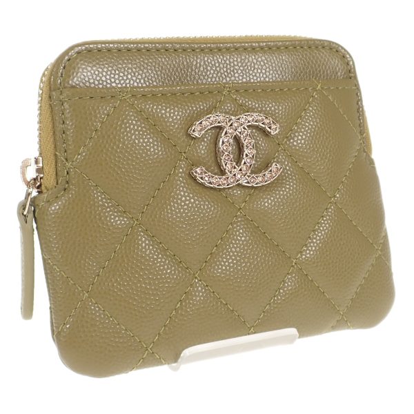 441173 01 Chanel Zip Coin Purse Card Case Khaki Wallet