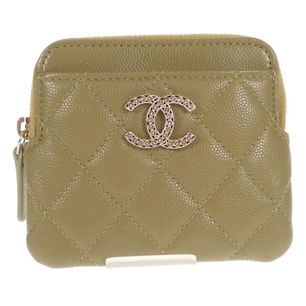 441173 02 Chanel Zip Coin Purse Card Case Khaki Wallet