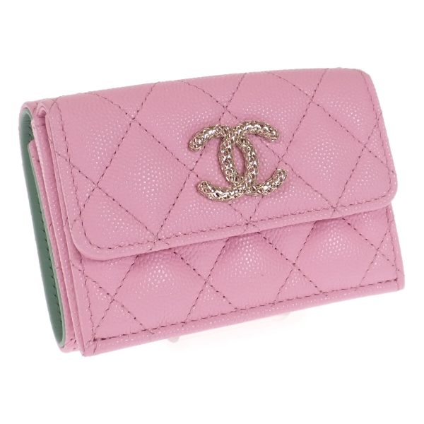 441196 01 Chanel Matelasse Flap Tri fold Wallet Pink Green