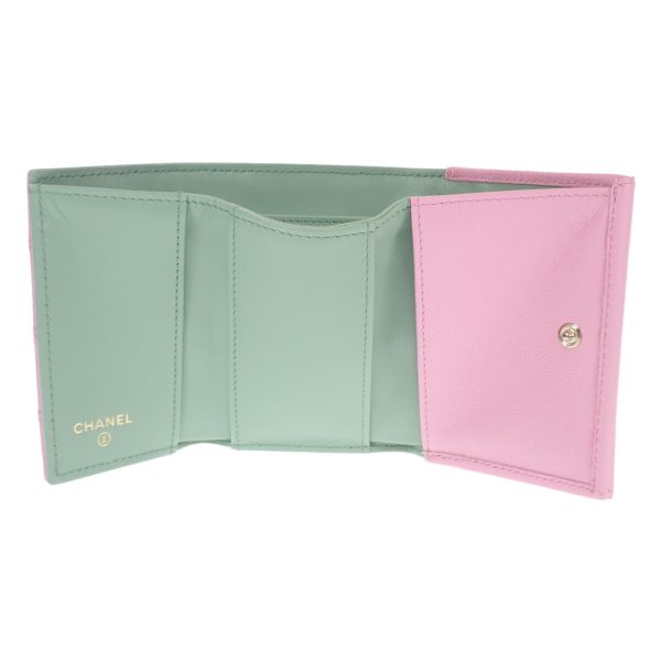 441196 05 Chanel Matelasse Flap Tri fold Wallet Pink Green