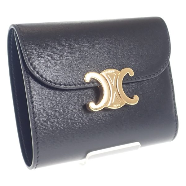 441296 01 Celine Triomphe Trifold Wallet Calfskin Black