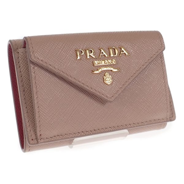 441922 01 Prada Compact Tri fold Wallet Maltic Beige Red