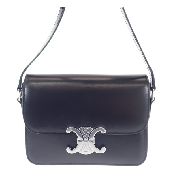 443471 03 Celine Teen Triomphe Shoulder Shiny Calfskin Black