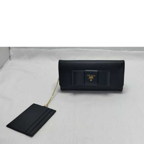 45678 2 PRADA Saffiano Ribbon Bi fold Wallet with Card Case Black